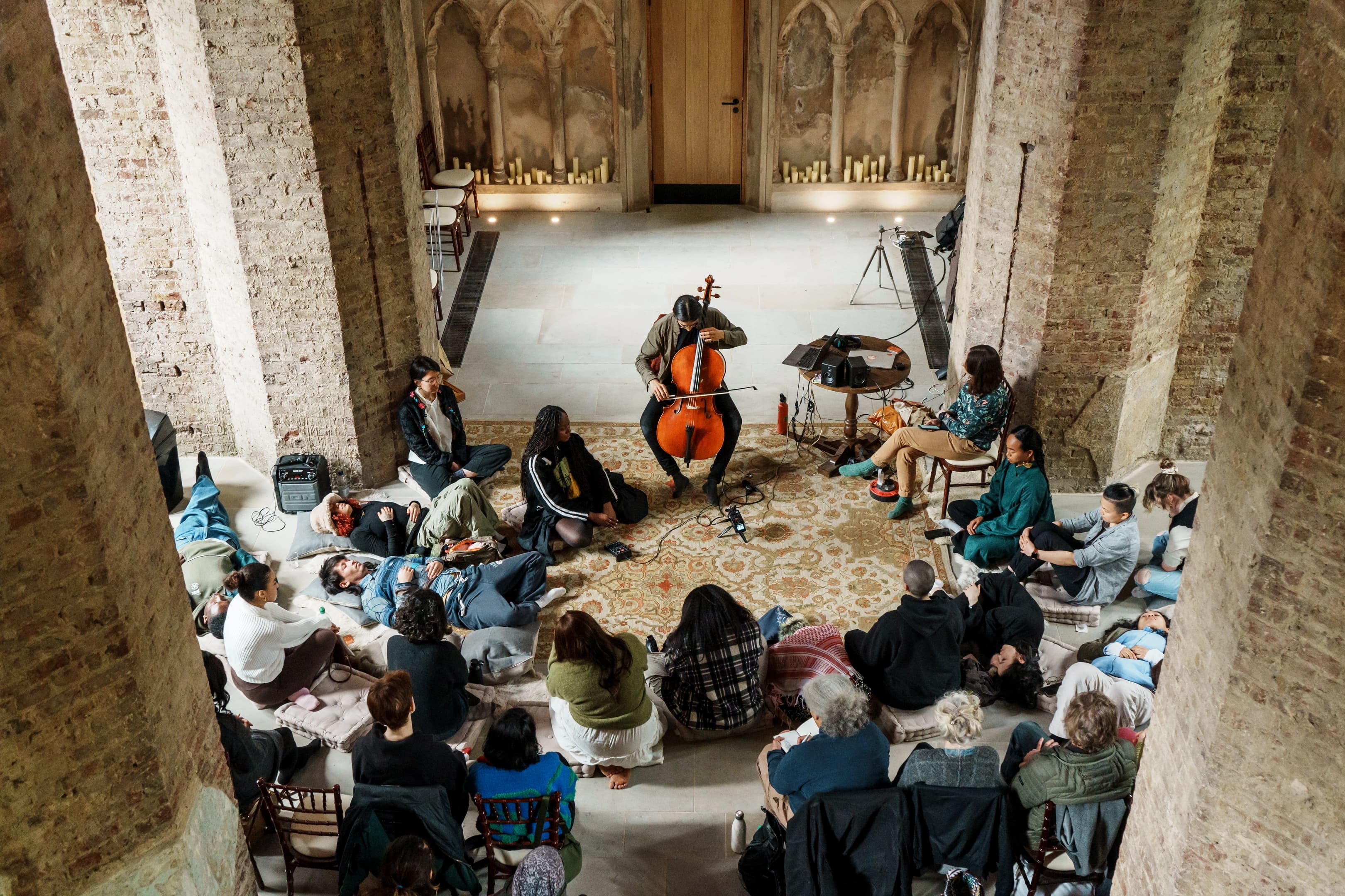 Earth church sound bath moment at Abney Chapel in London in April 2024